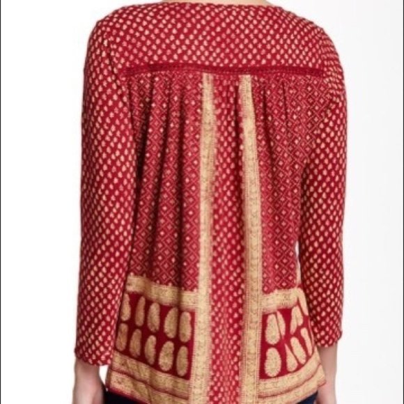 Lucky Brand Ditsy Flower Print Peasant Red Tassel Medium Blouse Top - Picture 2 of 15